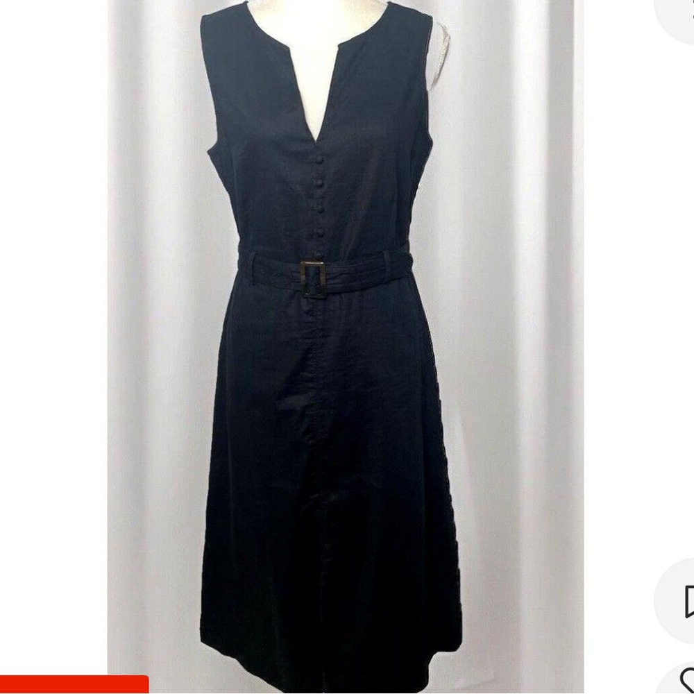 Banana Republic Linen/Cotton Blend Navy V-Neck MIDI Sleeveless Belted Dress, 16